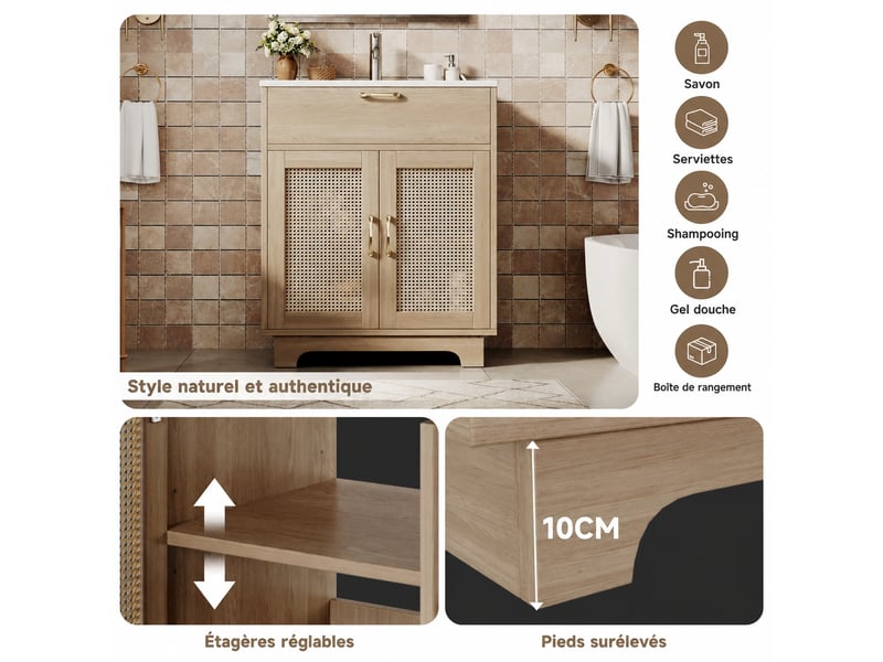  Meuble vasque 76 cm avec lavabo en céramique, finition bois naturel et portes effet rotin  - Conforama E