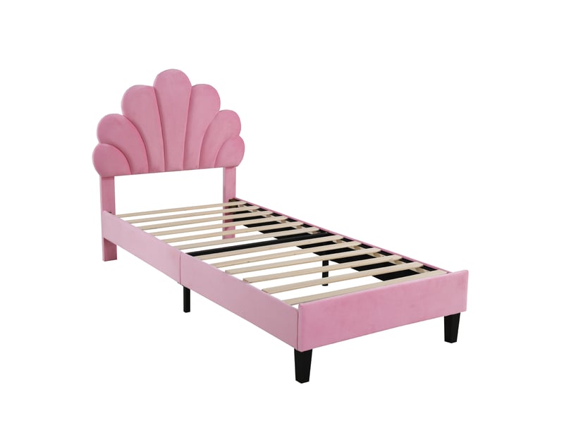 Lit enfant 90 x 200 cm en velours avec tête de lit fleur et sommier, rose - Conforama E