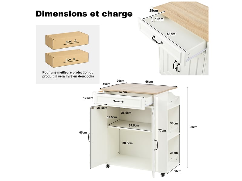  Desserte de cuisine 66 x 40-60 x 90 cm blanche en mdf, plan de travail rabattable avec rangement mobile  - Conforama C
