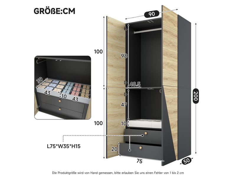 Armoire penderie 90x50x200 cm, 1 tringle, porte-pantalons, boîte de rangement, 2 tiroirs, mdf, coloris bois et gris OMNIGLINT TRADING LTD - Conforama C