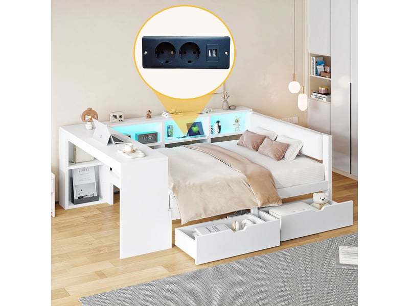  Lit en bois 140x200 cm blanc, étagères et tiroirs, station de charge usb et éclairage led intégrés.  - Conforama E