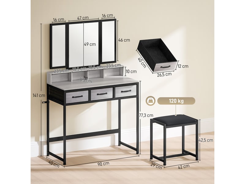  Coiffeuse avec miroir triptyque amovible, tabouret, 3 tiroirs en tissu, support pour sèche-cheveux, grise  - Conforama C