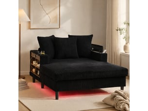 Chaise longue fixe 1 place en velours côtelé noir 129 x 170 cm, led, usb, rangements et porte-gobelets