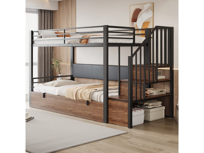 Lit mezzanine 90×200 cm, lit simple - rangement hydraulique, escalier avec étagères et dossier rembourré - sans matelas - Conforama C