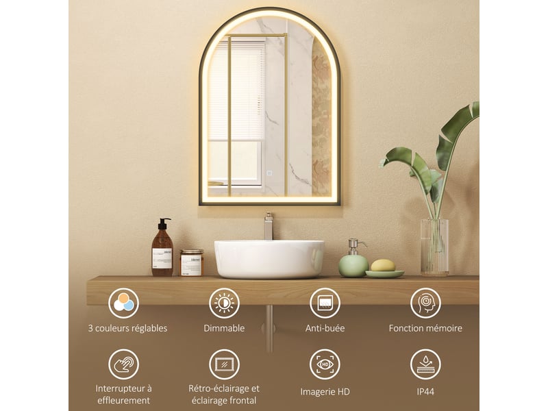  Miroir salle de bain avec éclairage 50 x 70 cm, miroir led arqué, anti-buée, 3 couleurs lumière, dimmable, mémoire, noir  - Conforama D