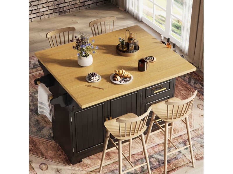  Desserte 2 portes 3 tiroirs - îlot de cuisine mobile avec plateau rabattable 143x40x95 cm en mdf noir  - Conforama W