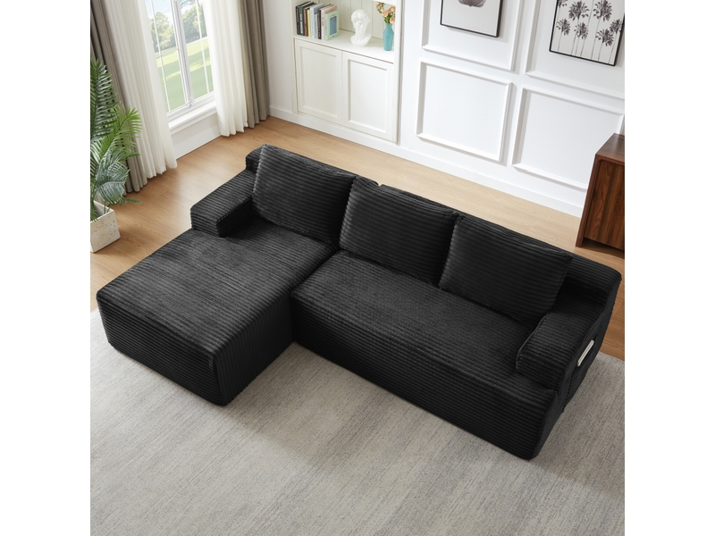  Canapé d'angle modulable 4 places 238 x 152 x 66 cm noir en velours côtelé, assise profonde sans montage  - Conforama C