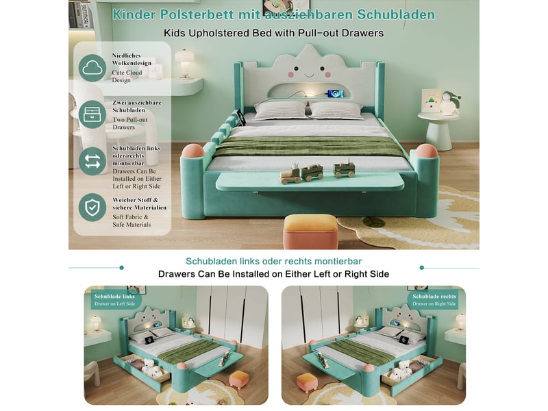  Lit capitonné enfant 140x200 cm bleu-vert, tête nuage, lampe led et usb, tiroir de rangement  - Conforama C