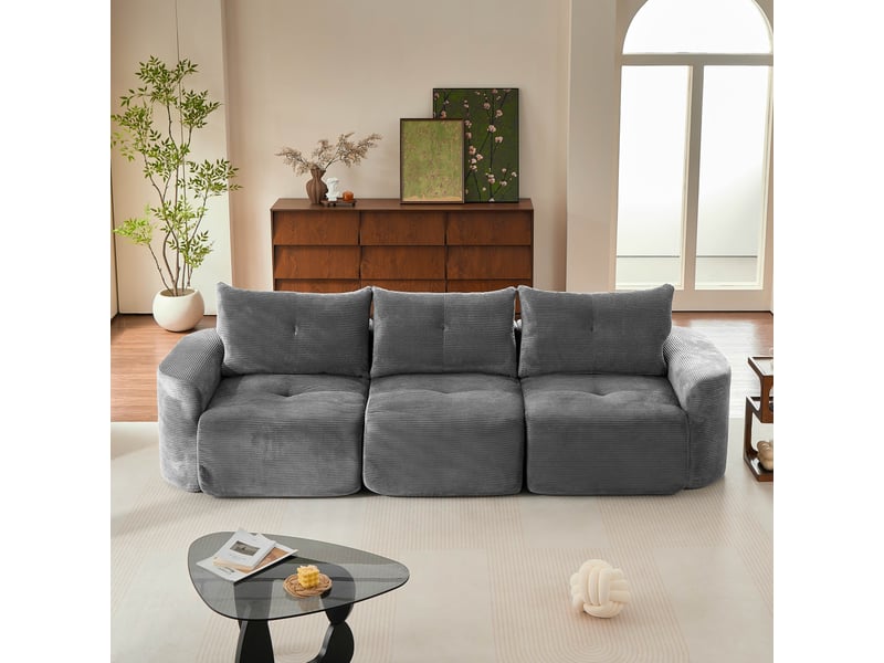  Canapé modulable 3 places 279x100x84 cm en configuration 2+1, siège amovible, formes arrondies, 3 coussins dossier, velours côtelé gris anthracite  - Conforama C