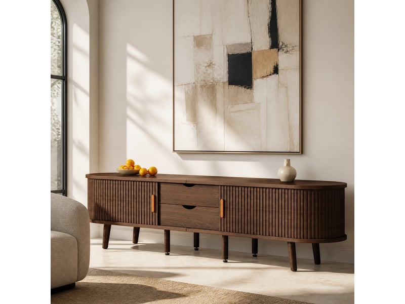  Meuble tv ovale 175x40x42 cm, noyer mat en fibres de bois, 2 tiroirs, portes coulissantes sculptées, tablettes ajustables, pieds réglables  - Conforama B