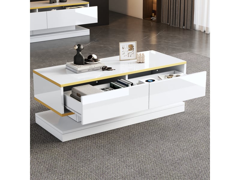  Table basse blanche et or 100x50x38 cm, table de salon brillante avec 2 tiroirs, design unique pour salon  - Conforama C