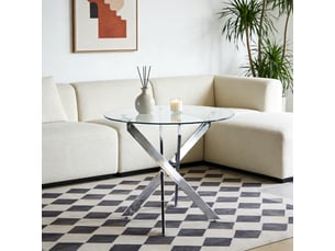 Table de salle à manger avec plateau en verre et pieds en métal pour cuisine, finition argentée
