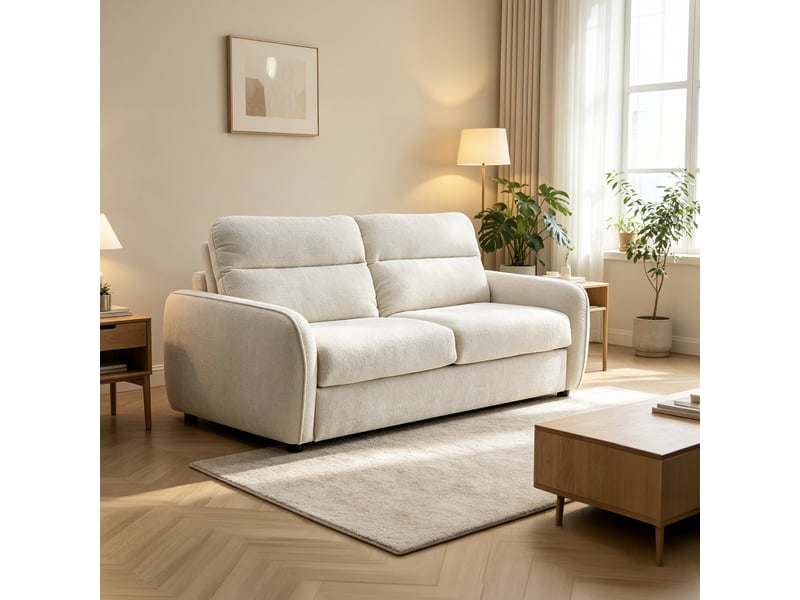  Canapé 3 places convertible matelas 12 cm en tissu écru  - Conforama B
