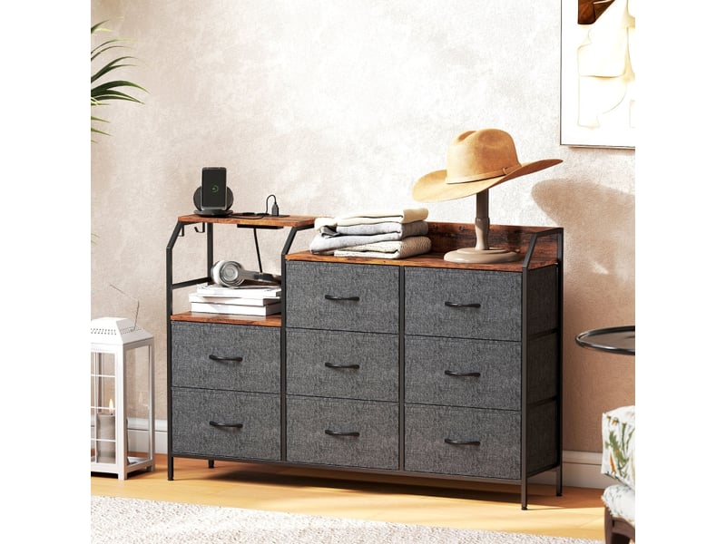  Commode 8 tiroirs en tissu avec station de charge - lpospi - étagère à niveaux, crochets, tissu marron rustique  - Conforama C