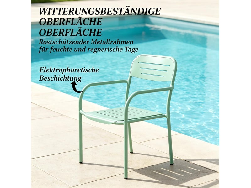 2 chaises de jardin en métal vert sauge 56x58x78 cm – empilables, protection anti-rouille, pour terrasse - Conforama E