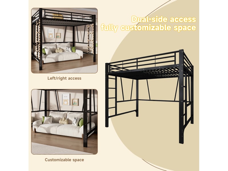  Lit mezzanine 140 × 200 cm 2 places avec double échelle, barrières de sécurité, sans matelas, en métal, noir  - Conforama E