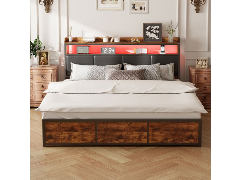 Lit double en fer et bois - 160x200 cm noir mat et brun rustique - led rvb variable - tiroirs de rangement - tête de lit avec étagères - Conforama E