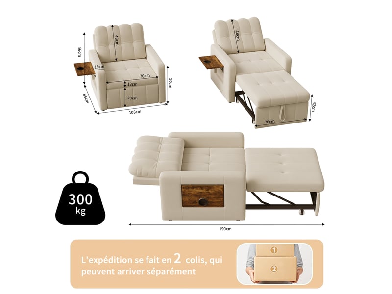 Fauteuil convertible fauteuil lit ,canapé 1 place réglable avec rangement,fauteuil 3-en-1,roues et tissu chenille - beige - Conforama C