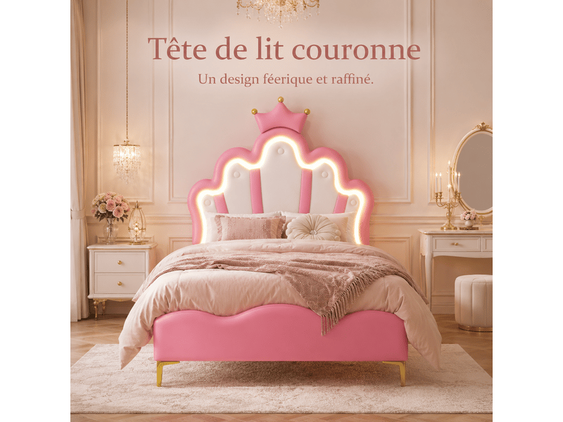 Lit enfant 90x200 - éclairage led rgb - lit fille princesse avec tête de lit réglable - décor couronne -similicuir - lit enfant 90x200 avec led réglables -lit fille avec tête de lit en forme de couronne -sommier à lattes -lit un… - Conforama E
