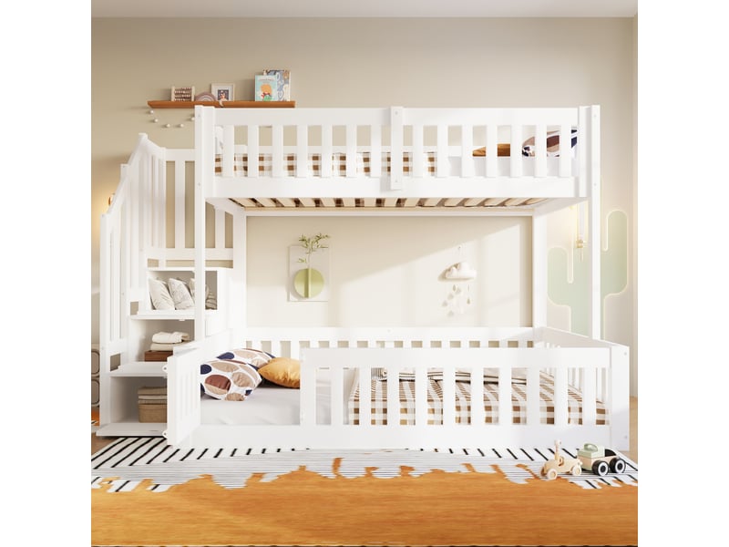  Lit superposé bas enfant 90 x 200 cm et 140 x 200 cm, échelle 3 marches avec rangement, barrières de sécurité intégrales, sommiers à lattes, sans matelas, bois massif, blanc ABC - Conforama B