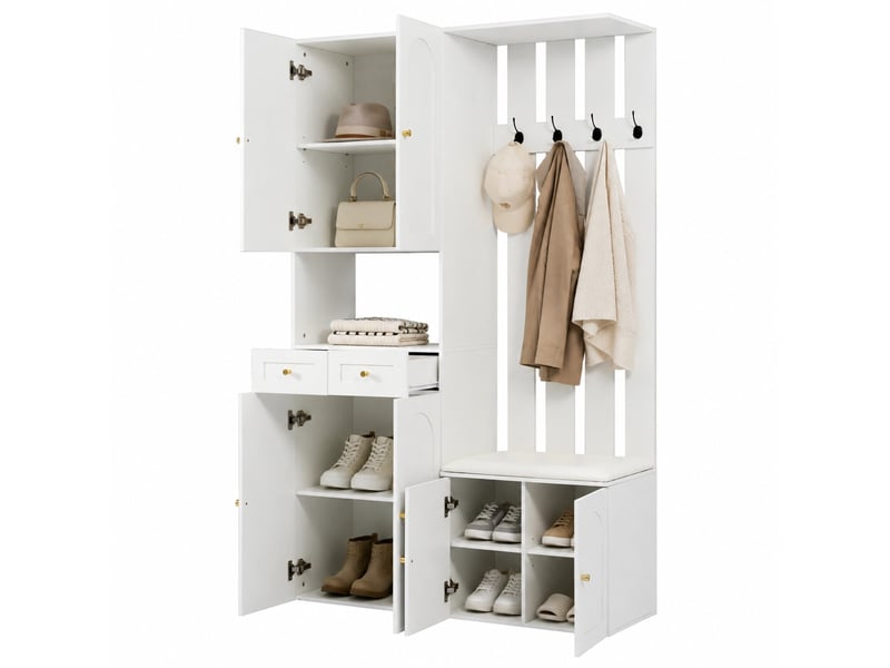  Meubles d'entrée avec banc, 6 portes, 2 tiroirs et 4 patères pour chaussures et accessoires, blanc, 110 × 37 × 180 cm  - Conforama A