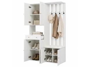 Meubles d'entrée avec banc, 6 portes, 2 tiroirs et 4 patères pour chaussures et accessoires, blanc, 110 × 37 × 180 cm