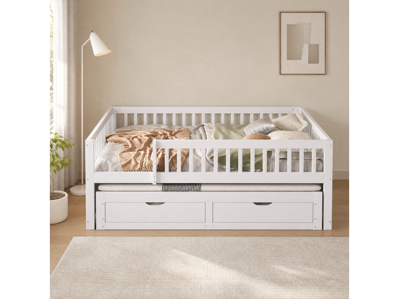 Lit gigogne 200×140 cm avec 2 tiroirs et barrières de protection, sommiers à lattes, en bois blanc - Conforama B