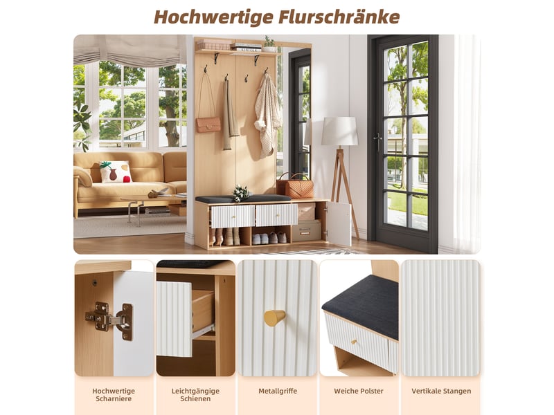  Portemanteau avec banc et rangement 120 x 200 cm en mdf blanc et chêne  - Conforama E