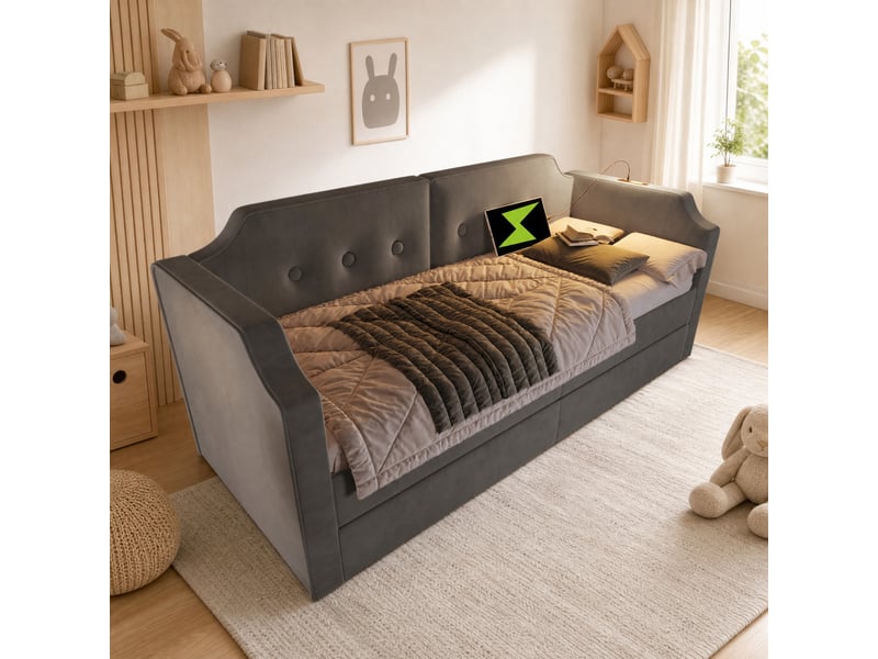  Lit banquette 90x200 cm en velours gris avec 2 tiroirs, usb type-c et liseuse  - Conforama B