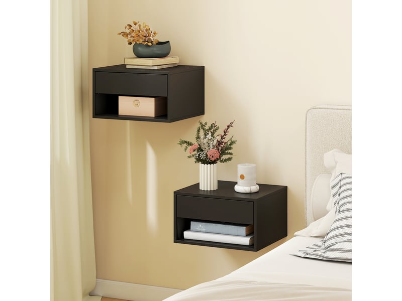  Lot de 2 tables de chevet murales, tables de nuit, tiroir, compartiment ouvert, plateau, 37 x 32 x 21 cm, noir  - Conforama C