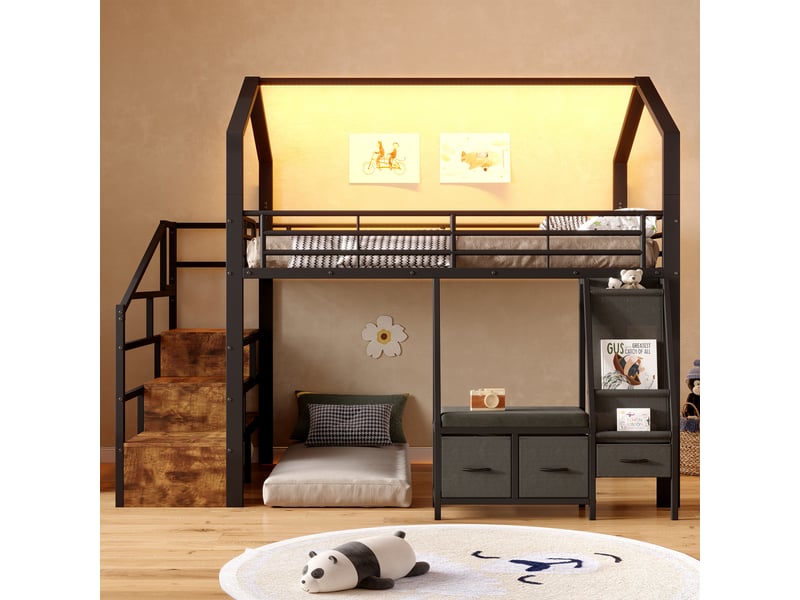  Lit mezzanine étagères 140x200 cm en métal avec en tissu, tiroirs, escalier avec rangement et bande led - noir Morn Vibe - Conforama E