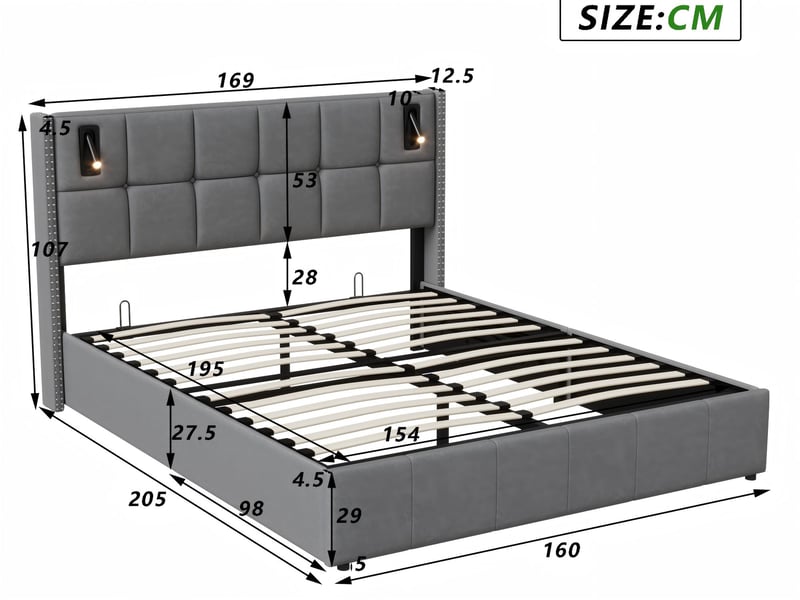  Lit 2 places 160x200 cm - led rgb avec app - 4 tiroirs - tête de lit réglable - tissu gris  - Conforama C