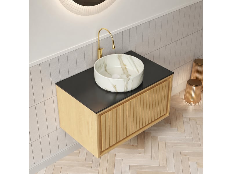  Meuble vasque suspendu 76 cm avec vasque ronde blanche en céramique et plateau noir  - Conforama B