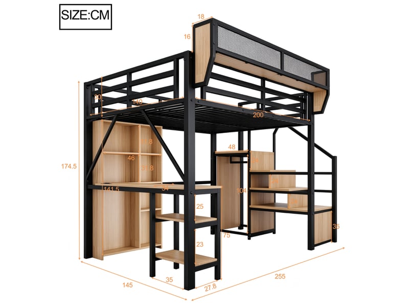  Lit mezzanine 140x200 cm, lit combiné, bureau intégré, escalier avec rangement, rangements intégrés, barrière de sécurité, éclairage led, métal noir CozyNest - Conforama C