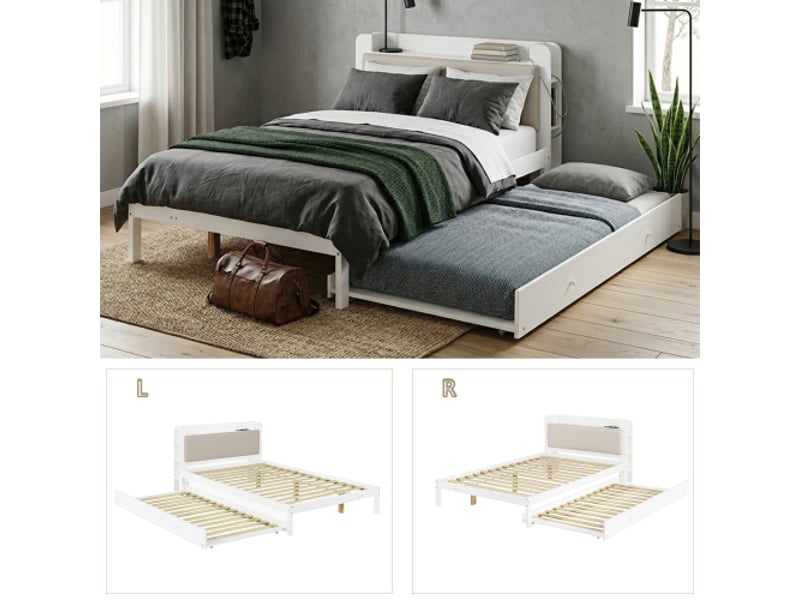  Lit blanc 120x200 avec lit gigogne 90x190 – bois, tête de lit rembourrée, étagère, station de charge et rangement  - Conforama B