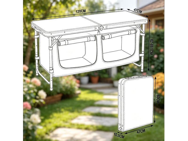Table de camping pliable 120 x 47 cm gris et blanc en aluminium et mdf, hauteur réglable avec sac de rangement - Conforama C