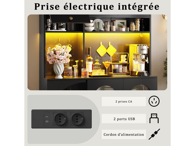  Meuble de cuisine muvano, buffet haut noir avec éclairage led, prises usb et rangements, 120 x 40 x 176 cm  - Conforama R