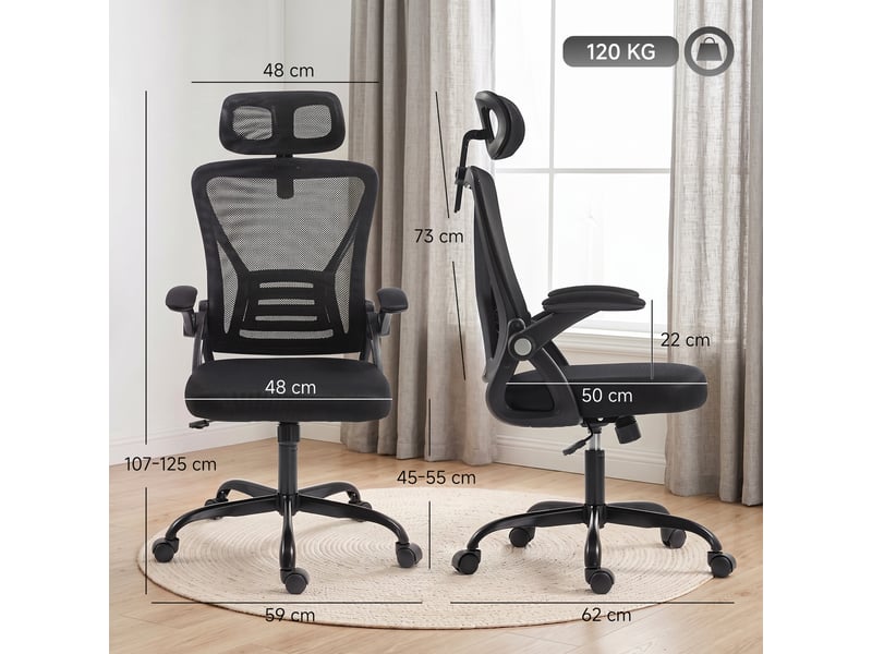  Chaise bureau ergonomique, accoudoirs relevables, appui-tête, fonction basculante, 59x62x125cm, hauteur réglable, noir  - Conforama C