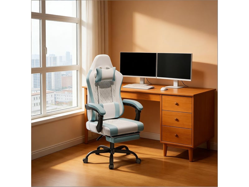  Chaise de bureau ergonomique pivotante avec massage lombaire, dossier inclinable, tissu mesh, bleu et blanc, 70x70x127 cm  - Conforama B