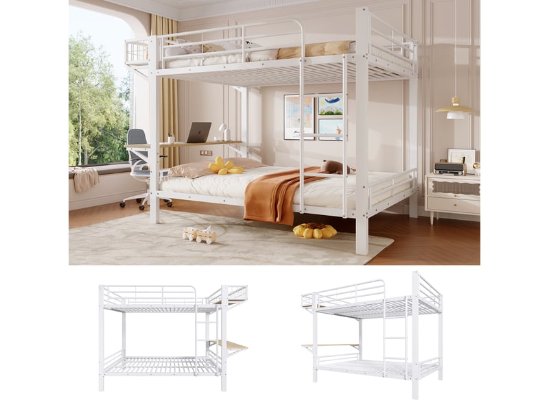  Lit superposé enfant 140 x 200 cm avec bureau et niche modulables à gauche ou à droite, garde-corps et échelle, métal, blanc Morn Vibe - Conforama B