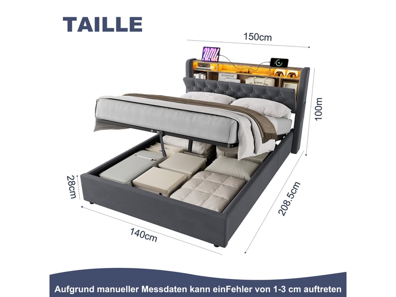  Lit coffre 140x190 cm avec led et usb-c, en velours gris  - Conforama C