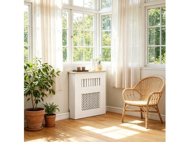 Cache-radiateur blanc 78 x 19 x 81 cm en mdf, plateau effet bois clair et motif ajouré, pour votre intérieur - Conforama D
