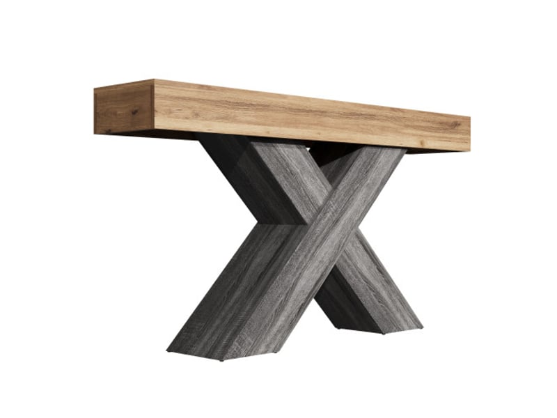 Console étroite à pieds en x – look bois, table d’appoint en panneau de particules, idéale pour couloir et salon - Conforama E