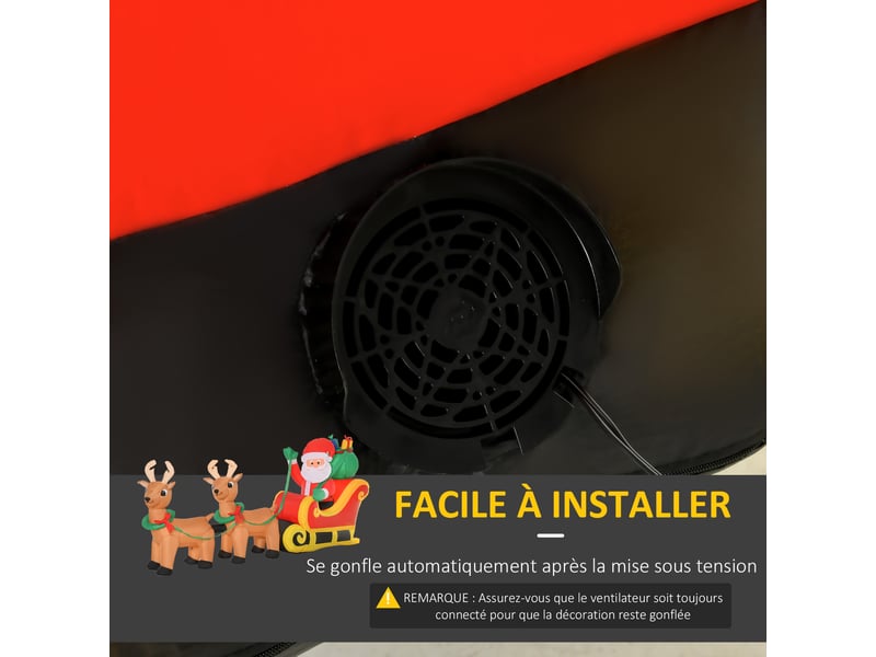 Père noël gonflable led dim. 240l x 57l x 112h cm avec traîneau, hotte 6 led polyester imperméable, rennes - Conforama R