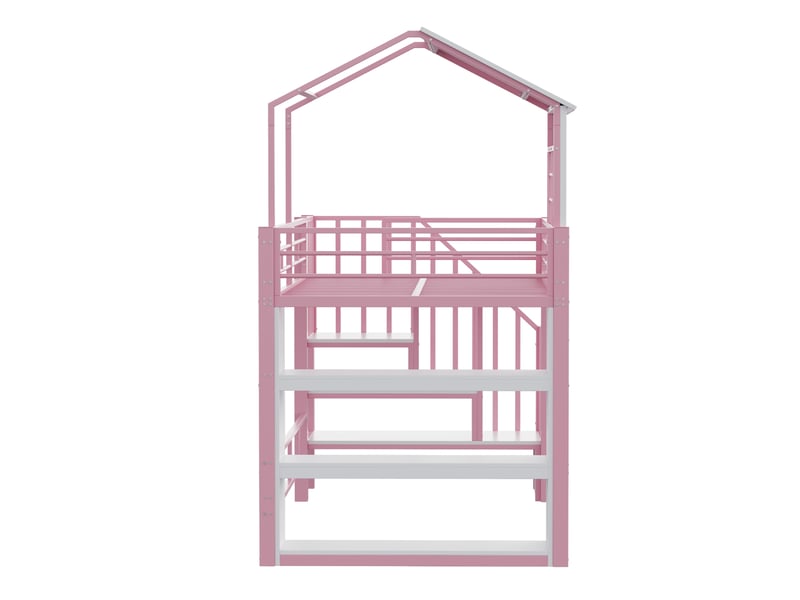  Lit mezzanine maisonnette métal rose 90x200 cm, barrière haute, étagères et escalier réversible  - Conforama D