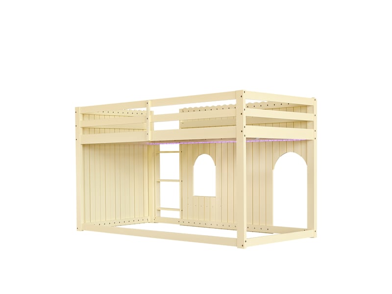  Lit mezzanine avec barrières, lit superposé, lit enfant, bandes lumineuses led multicolores, échelle droite à trois marches, fenêtres cintrées, petit compartiment de rangement, pin et mdf, naturel, 90 x 200 cm  - Conforama E
