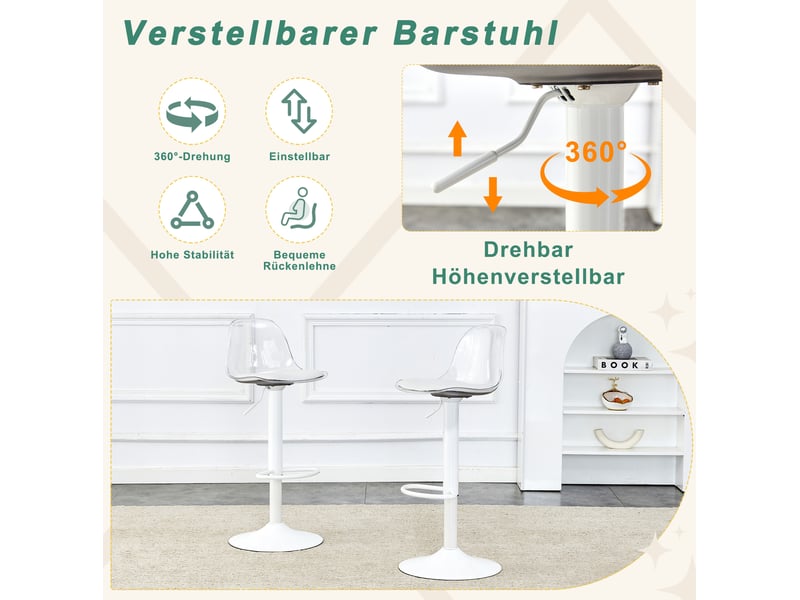  Tabouret de bar réglable pivotant avec dossier ergonomique et base métallique, transparent et blanc  - Conforama E