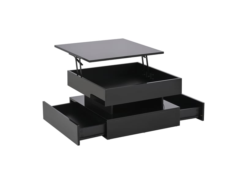  Table basse relevable 65 x 65 x 38,5 cm, table d'appoint, table basse laquée brillante avec bande lumineuse led, console avec 2 tiroirs, table basse au design géométrique et espace de rangement dissimulé, noire  - Conforama D