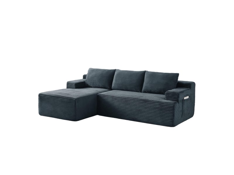 Canapé d'angle compressé en l 238x152x66 cm modulable 3 places, mousse et velours côtelé couleur gris foncé, moderne  - Conforama A
