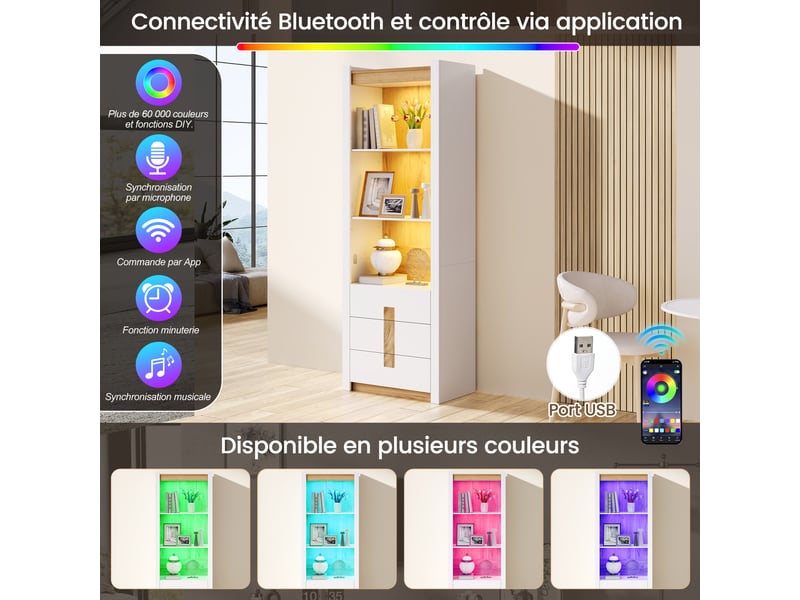  Vitrine haute 63x41,5x200 cm avec led bluetooth, 3 tiroirs et 3 étagères réglables, bibliothèque meuble rangement salon - blanc  - Conforama E